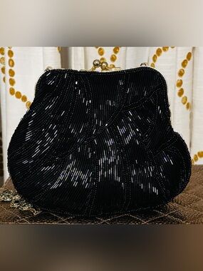 Vintage Cache Black Beaded Evening Clutch with Gold-Tone Kiss Lock